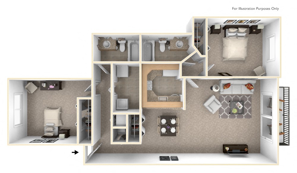 Floor plan for 2 beds, 2 baths, 1020 sqft